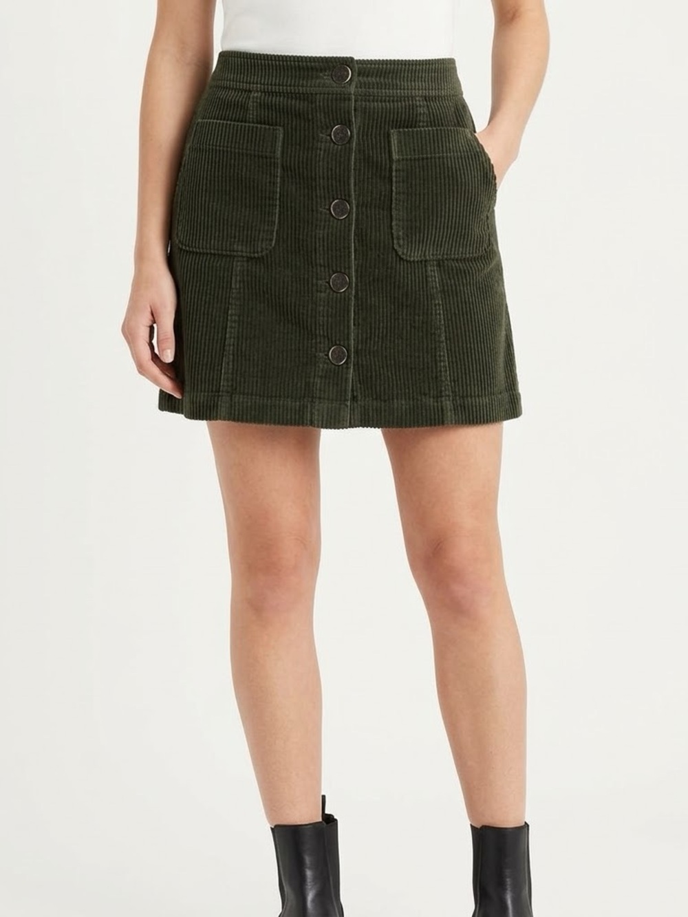 Zara TRF Dark Green Corduroy Button Front Mini Skirt w/ Patch Pockets XS